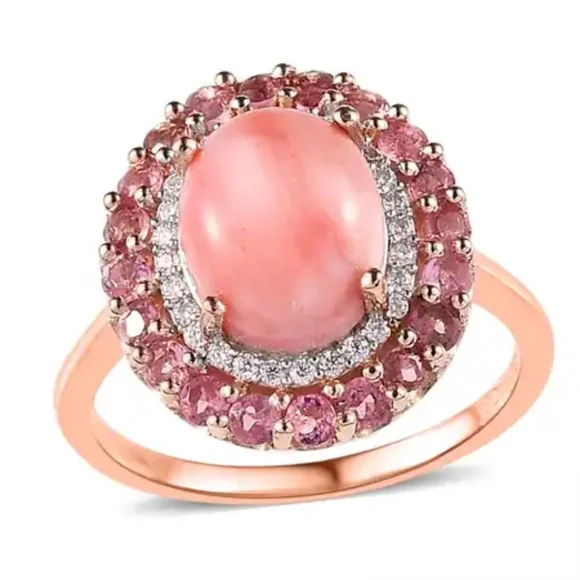 Host Pick NWOT Oregon Sunrise Peach Opal and Pink Tourmaline Double Halo Ring - Picture 5 of 7
